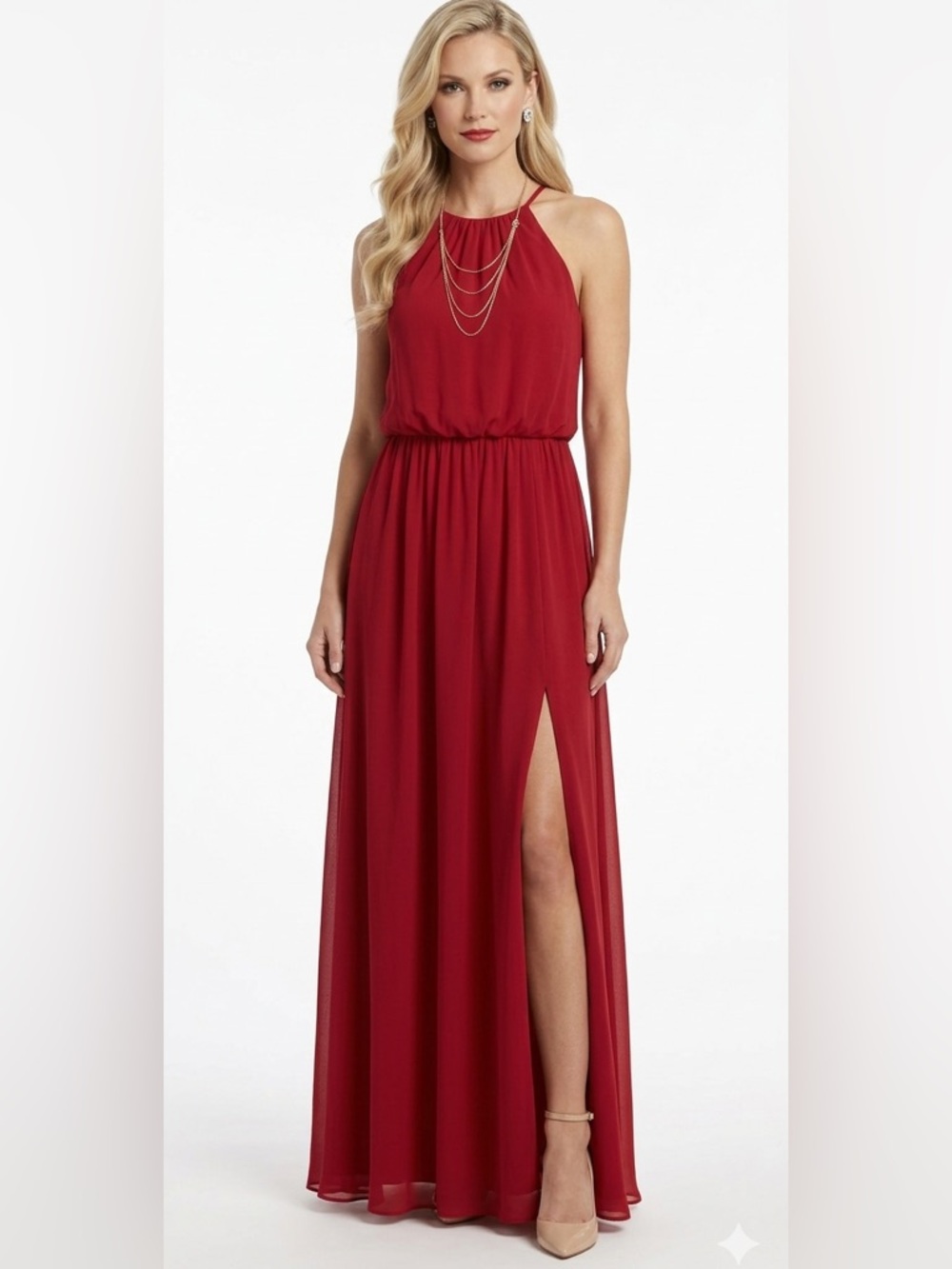 Christina Wu Red Halter Maxi Skirt Dress